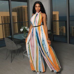 Multicolored Mock Neck Halter Jumpsuit W/ Tie-Back